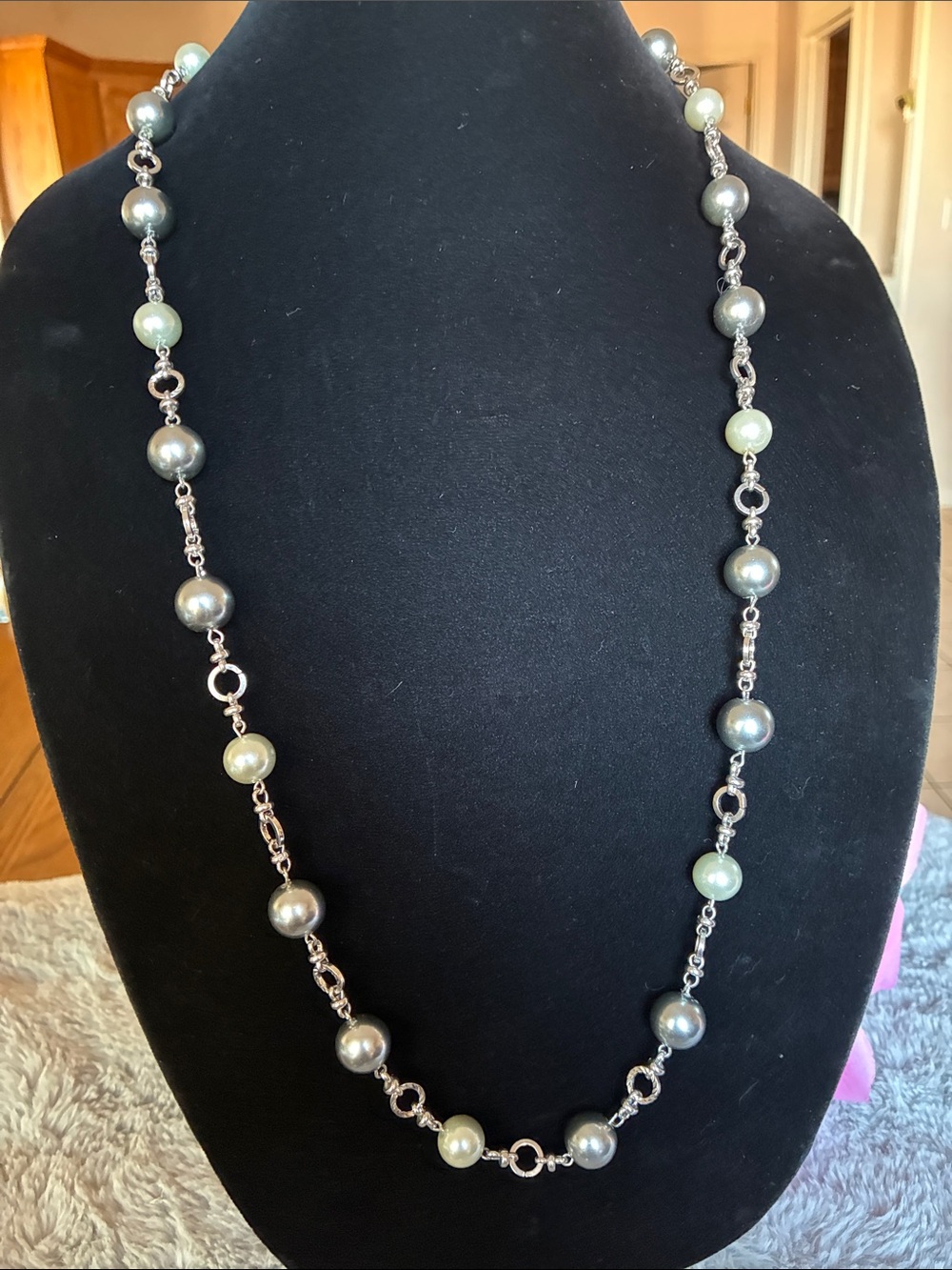 Talbots Silver Link Necklace with Gray and Pale Green Pearls XL